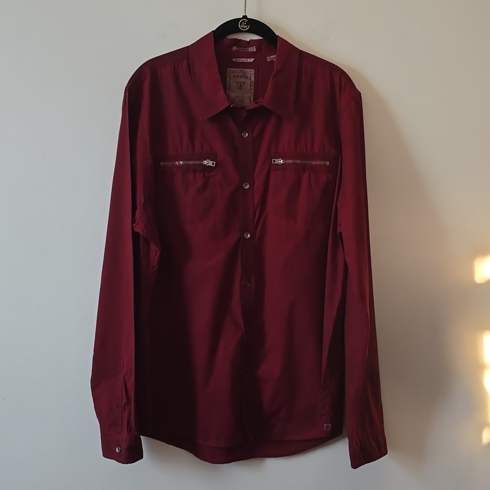 Guess Dillon Slim Fit Button Down Mens Shirt Deep Red Color Large
